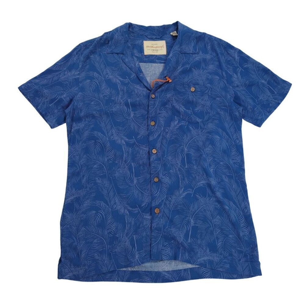 Weatherproof Vintage Mens Blue Tropical Leaf Print Short Sleeve Button-Up Shirt.